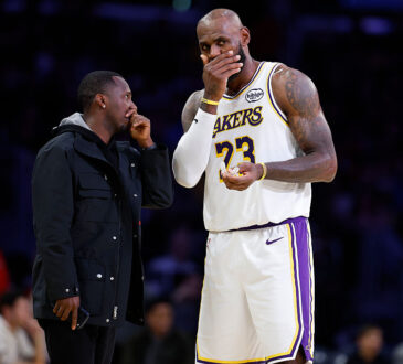 Agent Rich Paul talks to NBA star LeBron James of the Los Angeles Lakers