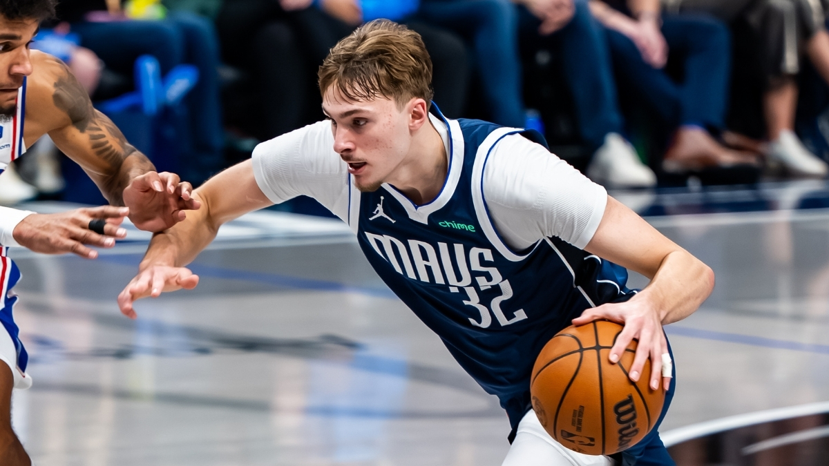 NBA: Cooper Flagg drives to the rim for the Dallas Mavericks against the Philadelphia 76ers at American Airlines Center