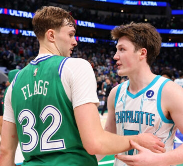NBA: Cooper Flagg of the Dallas Mavericks and Kon Knueppel of the Charlotte Hornets talk after the game at American Airlines Center