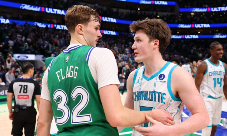 NBA: Cooper Flagg of the Dallas Mavericks and Kon Knueppel of the Charlotte Hornets talk after the game at American Airlines Center