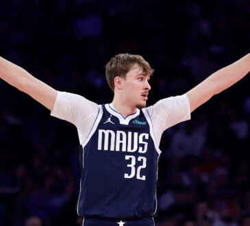 Cooper Flagg celebrates after making a three-pointer for the Dallas Mavericks against the New York Knicks at Madison Square Garden