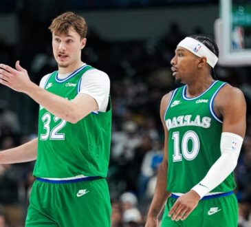 NBA: Cooper Flagg talks with Brandon Williams between plays during Dallas Mavericks vs. Los Angeles Lakers at American Airlines Center