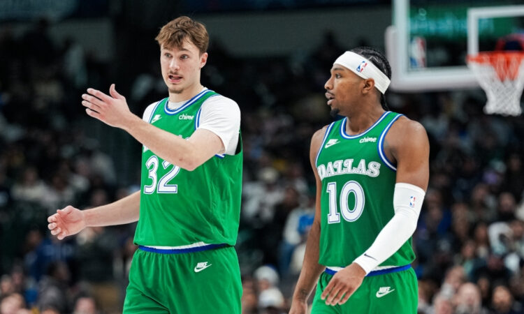 NBA: Cooper Flagg talks with Brandon Williams between plays during Dallas Mavericks vs. Los Angeles Lakers at American Airlines Center