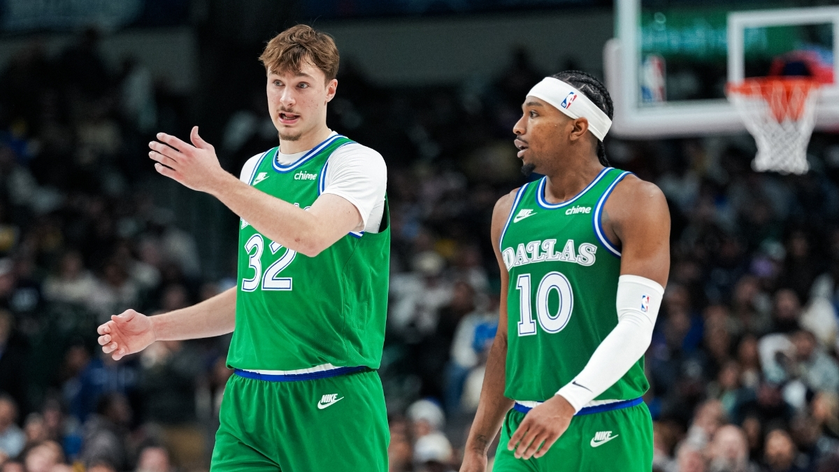 NBA: Cooper Flagg talks with Brandon Williams between plays during Dallas Mavericks vs. Los Angeles Lakers at American Airlines Center