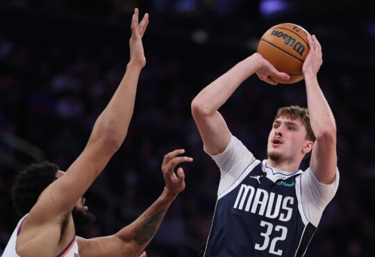 Dallas Mavericks forward Cooper Flagg shoots over New York Knicks center Karl-Anthony Towns during a Jan. 19, 2026 game at Madison Square Garden.