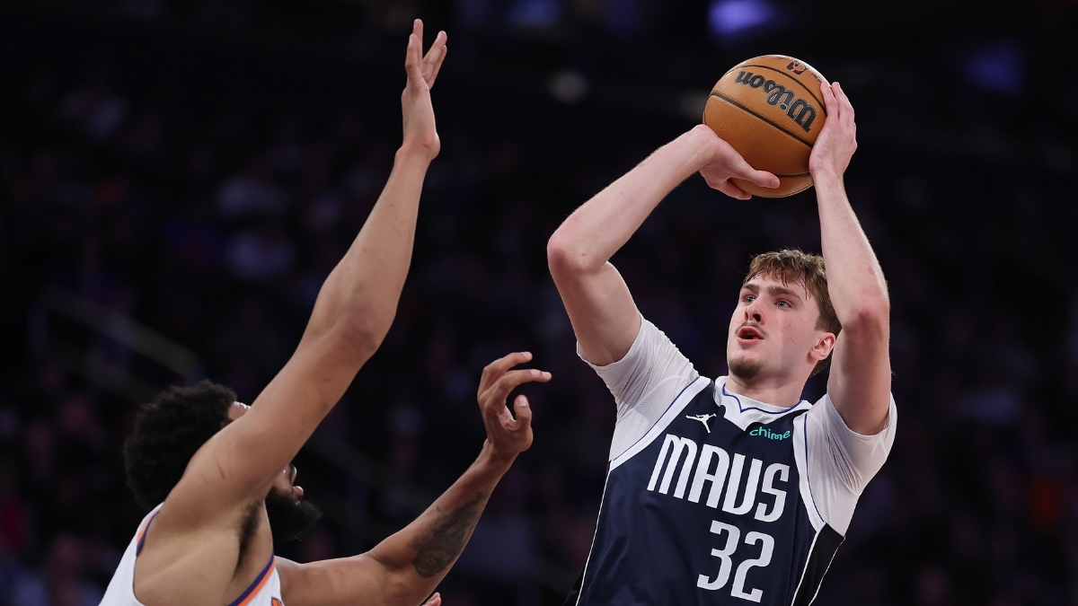 Dallas Mavericks forward Cooper Flagg shoots over New York Knicks center Karl-Anthony Towns during a Jan. 19, 2026 game at Madison Square Garden.