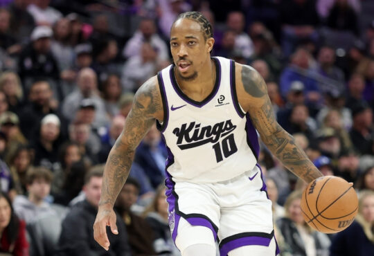 DeMar DeRozan dribbles the ball for the Sacramento Kings against the Toronto Raptors at Golden 1 Center