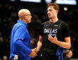 NBA: Jason Kidd talks with Cooper Flagg on the court during the first half at American Airlines Center against the Denver Nuggets