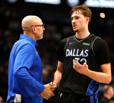 NBA: Jason Kidd talks with Cooper Flagg on the court during the first half at American Airlines Center against the Denver Nuggets