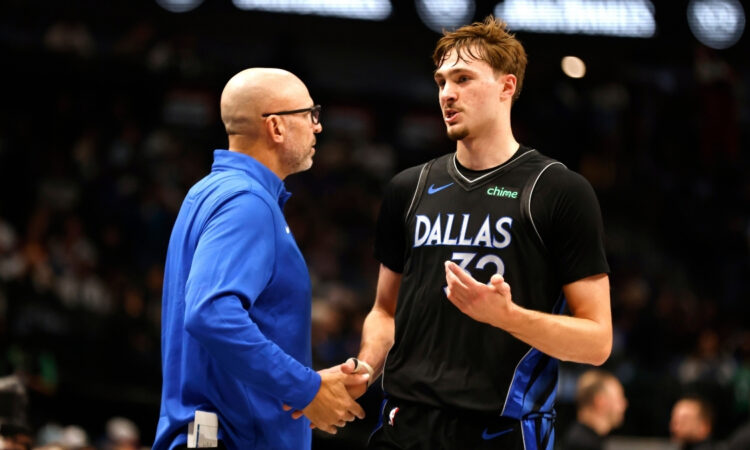 NBA: Jason Kidd talks with Cooper Flagg on the court during the first half at American Airlines Center against the Denver Nuggets