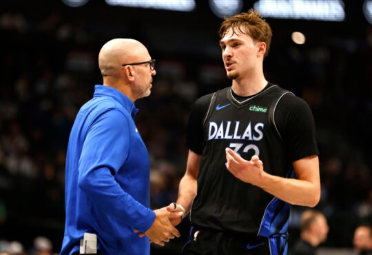 NBA: Jason Kidd talks with Cooper Flagg on the court during the first half at American Airlines Center against the Denver Nuggets