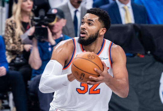 Karl-Anthony Towns prepares to shoot a jump shot for the New York Knicks against the Dallas Mavericks at American Airlines Center