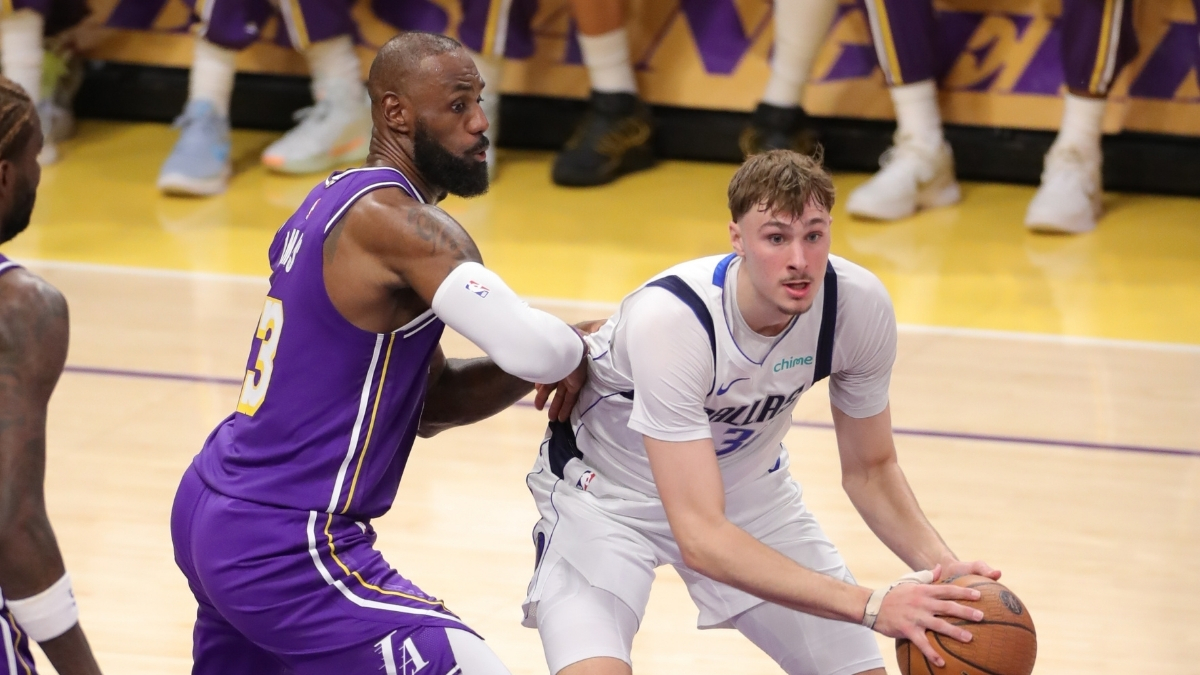 NBA: LeBron James guards Cooper Flagg during the NBA Cup game between the Dallas Mavericks and Los Angeles Lakers at Crypto.com Arena