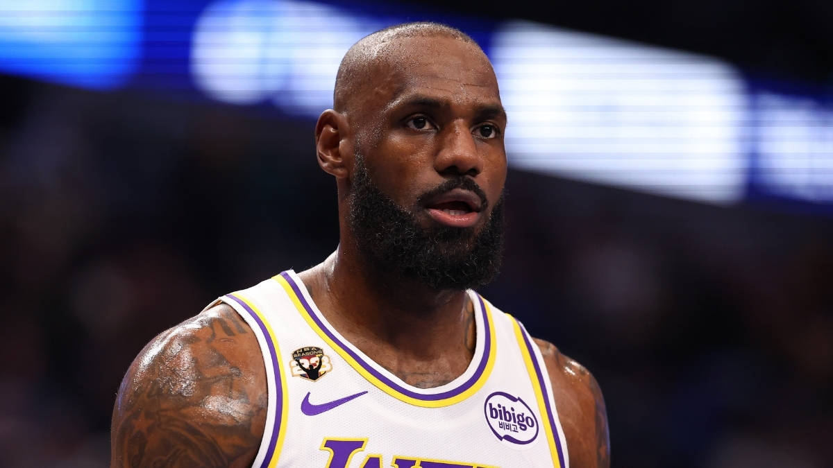 NBA: LeBron James looks on from the court during the first half at American Airlines Center against the Dallas Mavericks