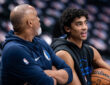 Max Christie talks with assistant coach Phil Handy during a pregame workout at American Airlines Center before Mavericks vs. Nets