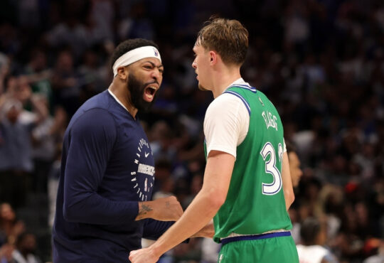 NBA: Cooper Flagg celebrates a score with Anthony Davis during the second half at American Airlines Center against the Toronto Raptors.