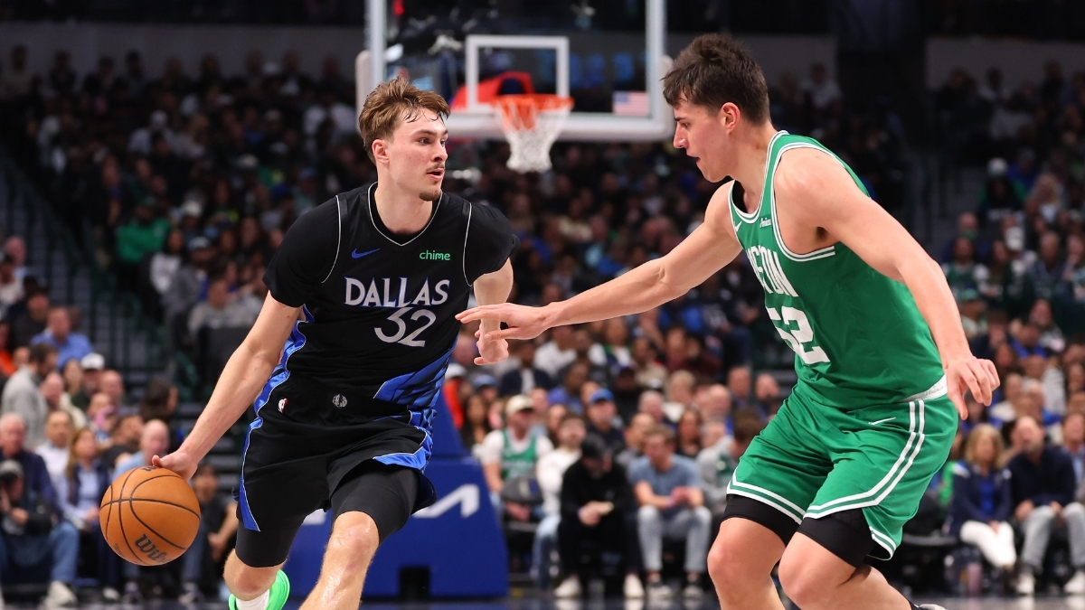 NBA: Cooper Flagg dribbles the ball up court for the Dallas Mavericks against the Boston Celtics at American Airlines Center