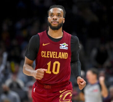 NBA: Darius Garland runs down the court during the fourth quarter at Rocket Arena against the Utah Jazz