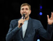 NBA: Dirk Nowitzki speaks prior to the NBA game between the Memphis Grizzlies and Orlando Magic at Uber Arena in Berlin.