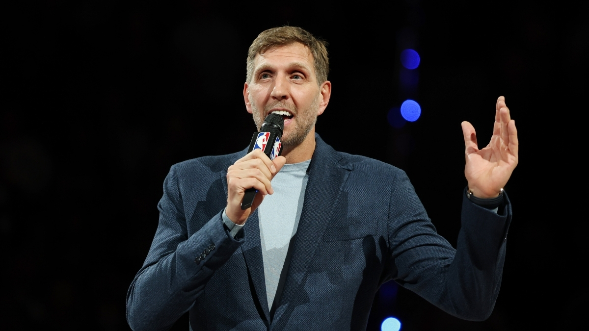 NBA: Dirk Nowitzki speaks prior to the NBA game between the Memphis Grizzlies and Orlando Magic at Uber Arena in Berlin.