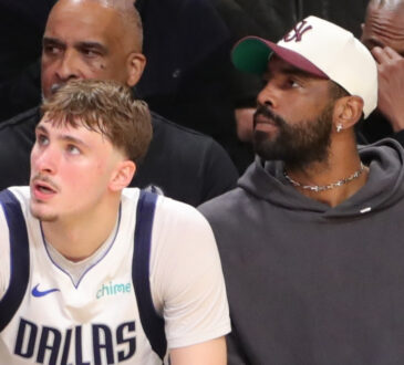 NBA players Cooper Flagg and Kyrie Irving of the Dallas Mavericks