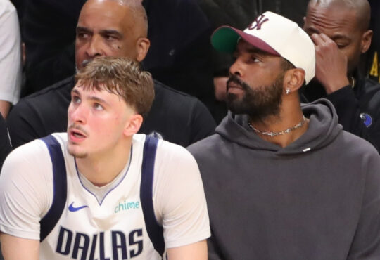 NBA players Cooper Flagg and Kyrie Irving of the Dallas Mavericks