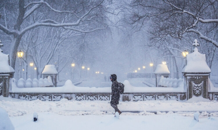 A commuter walks through heavy snowfall in Central Park during a Nor’Easter in New York City.