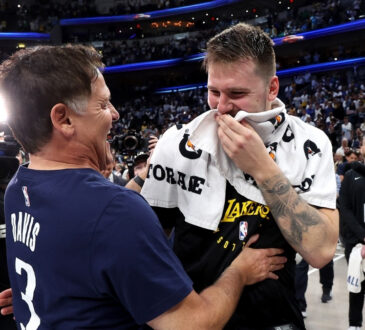 NBA: Mark Cuban embraces Luka Dončić after the game at American Airlines Center as the Los Angeles Lakers face the Dallas Mavericks