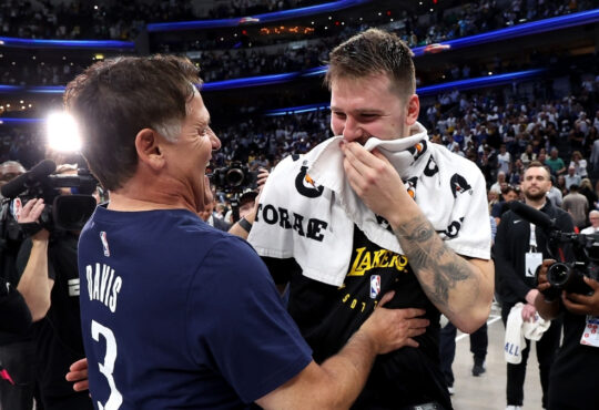 NBA: Mark Cuban embraces Luka Dončić after the game at American Airlines Center as the Los Angeles Lakers face the Dallas Mavericks
