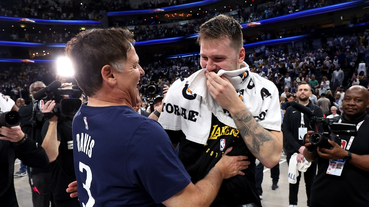 NBA: Mark Cuban embraces Luka Dončić after the game at American Airlines Center as the Los Angeles Lakers face the Dallas Mavericks