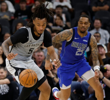 NBA: Stephon Castle makes a steal for the San Antonio Spurs against the Dallas Mavericks at Frost Bank Center