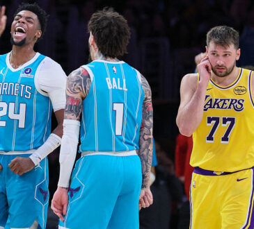 Charlotte Hornets players Brandon Miller and LaMelo Ball next to Los Angeles Lakers star Luka Dončić