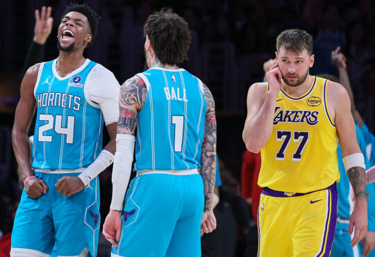 Charlotte Hornets players Brandon Miller and LaMelo Ball next to Los Angeles Lakers star Luka Dončić