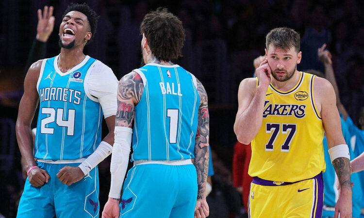 Charlotte Hornets players Brandon Miller and LaMelo Ball next to Los Angeles Lakers star Luka Dončić