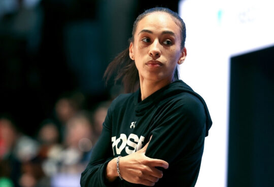 Nola Henry watches from the sideline during Rose’s Unrivaled 2026 game against Hive at Sephora Arena in Medley, Florida.