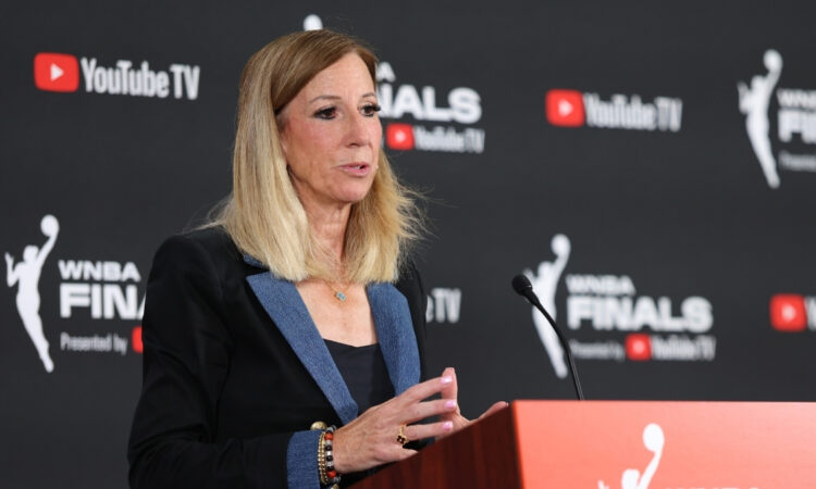WNBA Commissioner Cathy Engelbert speaks at a podium ahead of Game 1 of the 2025 WNBA Finals in Las Vegas