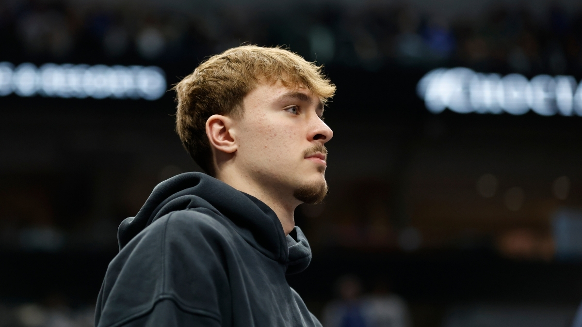 NBA: Cooper Flagg sits on the bench during a timeout at American Airlines Center against the Sacramento Kings