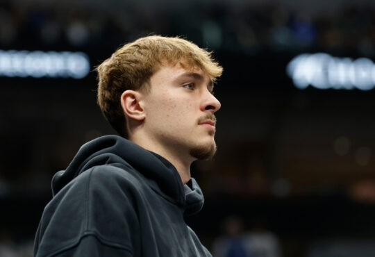 NBA: Cooper Flagg sits on the bench during a timeout at American Airlines Center against the Sacramento Kings