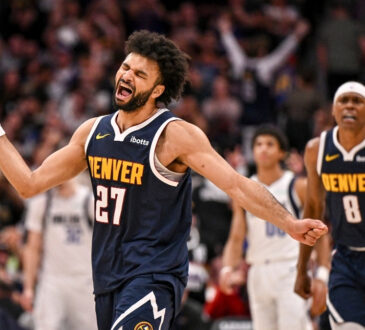 Jamal Murray celebrates after scoring 53 points in the Nuggets’ win over the Mavericks at Ball Arena.