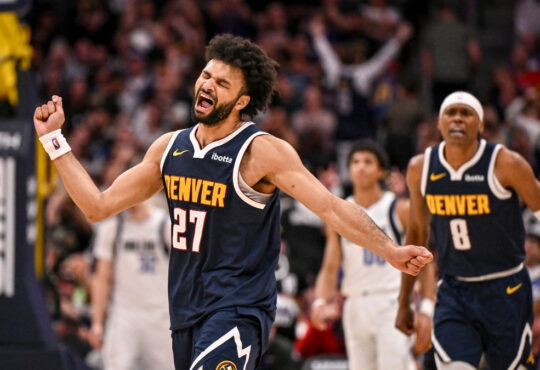 Jamal Murray celebrates after scoring 53 points in the Nuggets’ win over the Mavericks at Ball Arena.