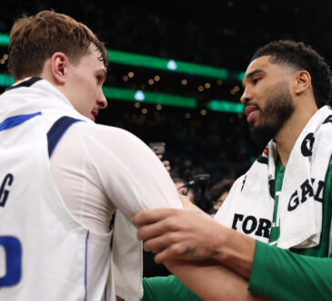 Jayson Tatum and Cooper Flagg shake hands after the Celtics defeated the Mavericks 120-100 at TD Garden on March 6, 2026