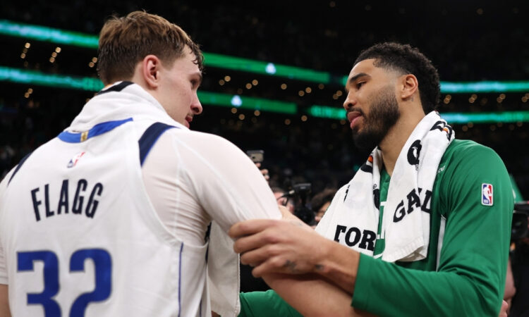 Jayson Tatum and Cooper Flagg shake hands after the Celtics defeated the Mavericks 120-100 at TD Garden on March 6, 2026
