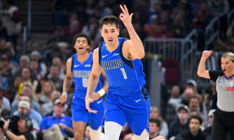John Poulakidas #1 of the Dallas Mavericks celebrates during the third quarter against the Cleveland Cavaliers at Rocket Arena on March 15, 2026 in Cleveland, Ohio