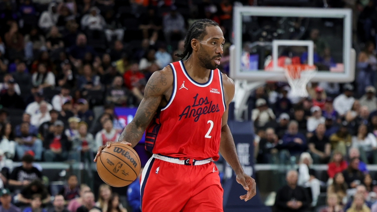 Kawhi Leonard dribbles during the Los Angeles Clippers’ game against the Sacramento Kings at Intuit Dome on March 14, 2026.