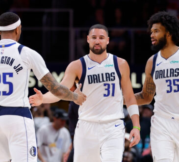 P.J. Washington, Klay Thompson and Marvin Bagley III react during the Mavericks’ game against the Hawks at State Farm Arena on March 10, 2026.