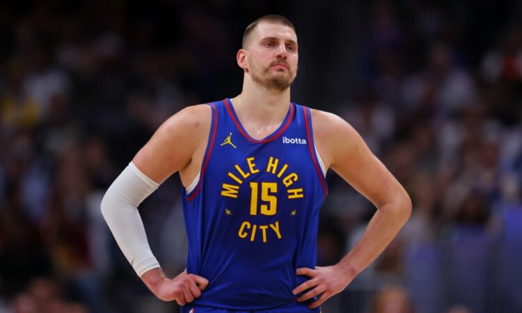 Nikola Jokić of the Denver Nuggets looks on during a game against the Golden State Warriors at Ball Arena on March 29, 2026.