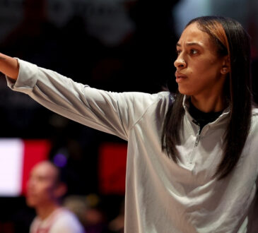 Nola Henry watches from the sideline during Rose BC’s Unrivaled 2026 game against Vinyl at Sephora Arena in Medley, Florida.
