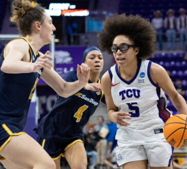 Olivia Miles of TCU drives to the basket against UC San Diego during the first round of the 2026 NCAA Women’s Tournament at Schollmaier Arena.