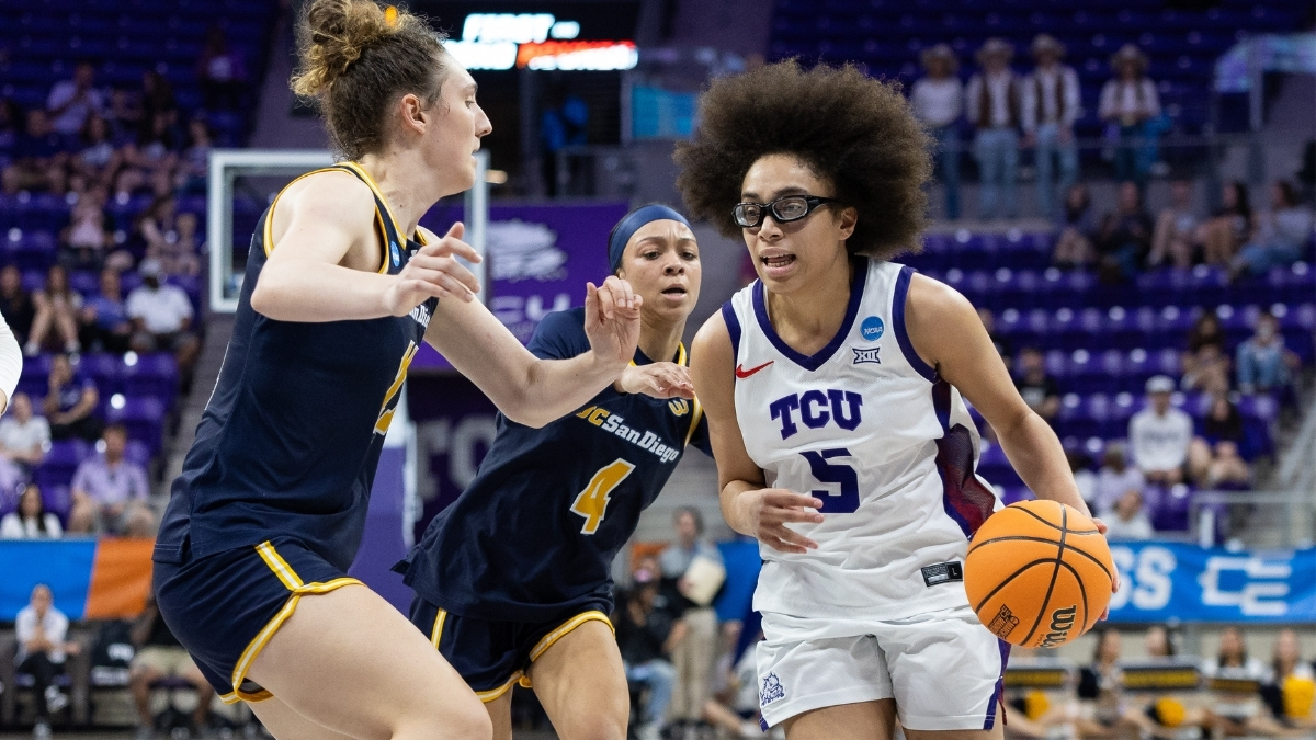 Olivia Miles of TCU drives to the basket against UC San Diego during the first round of the 2026 NCAA Women’s Tournament at Schollmaier Arena.