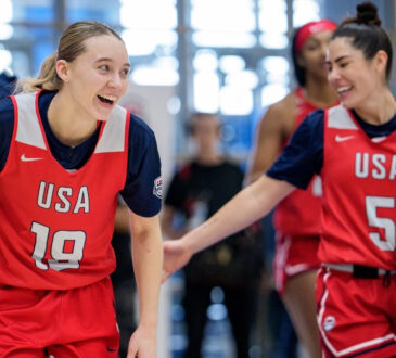 WNBA: Paige Bueckers and Kelsey Plum react during the United States Women’s Basketball Team training camp at Duke University.